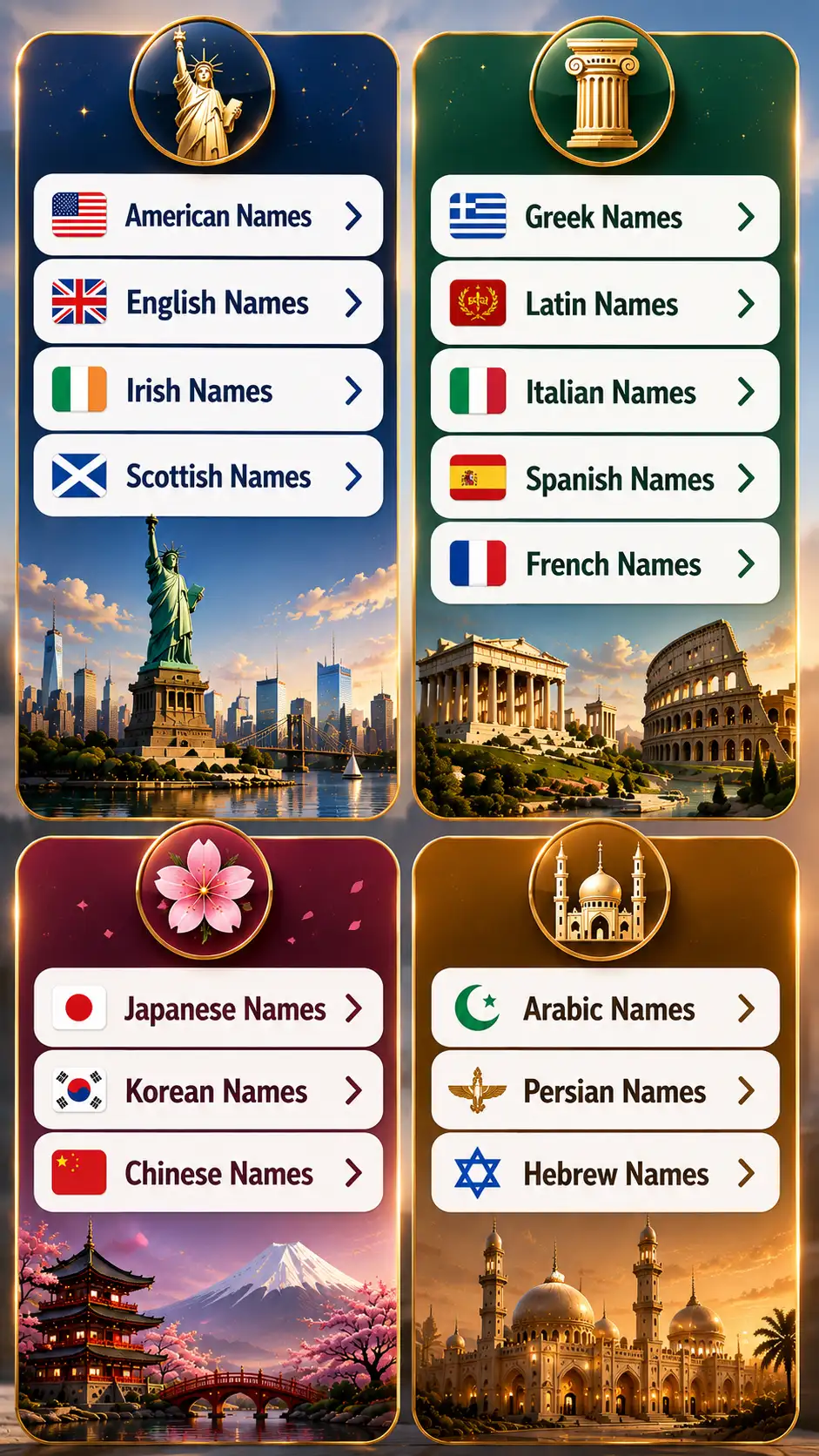 Baby names by origin — American, English, Irish, Scottish, Greek, Latin, Italian, Spanish, French, Japanese, Korean, Chinese, Arabic, Persian and Hebrew names