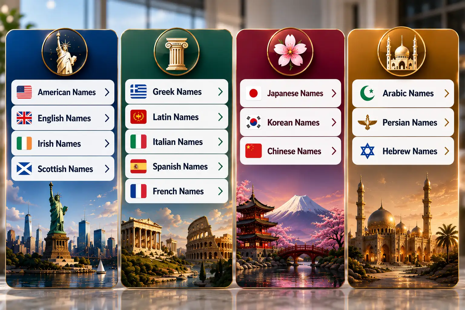 Baby names by origin — American, English, Irish, Scottish, Greek, Latin, Italian, Spanish, French, Japanese, Korean, Chinese, Arabic, Persian and Hebrew names