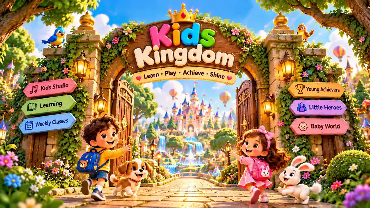Kids Kingdom — children run through a flowery castle gate