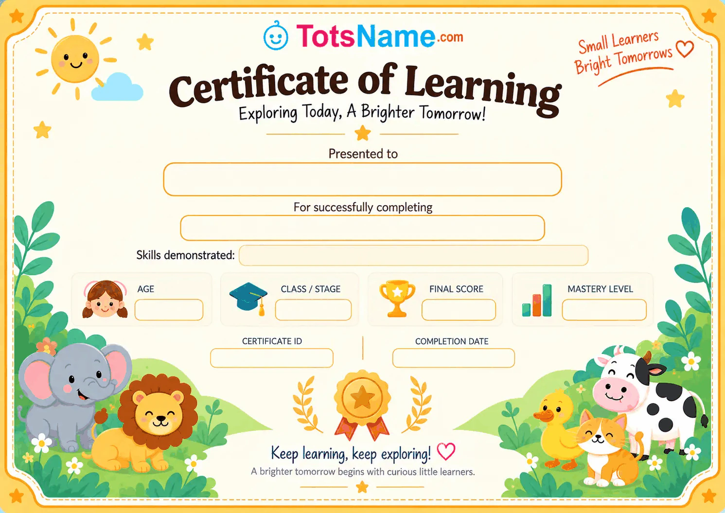 TotsName.com Certificate of Learning — illustrated template