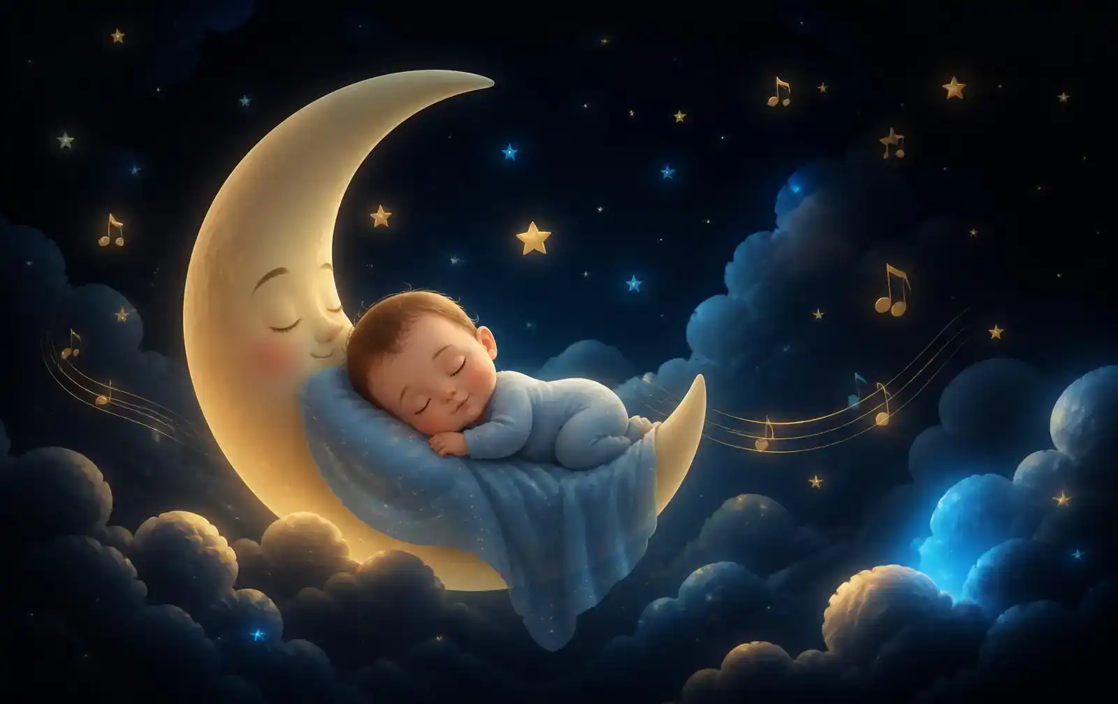 Illustration of a baby sleeping on a smiling crescent moon among stars, clouds and golden music notes