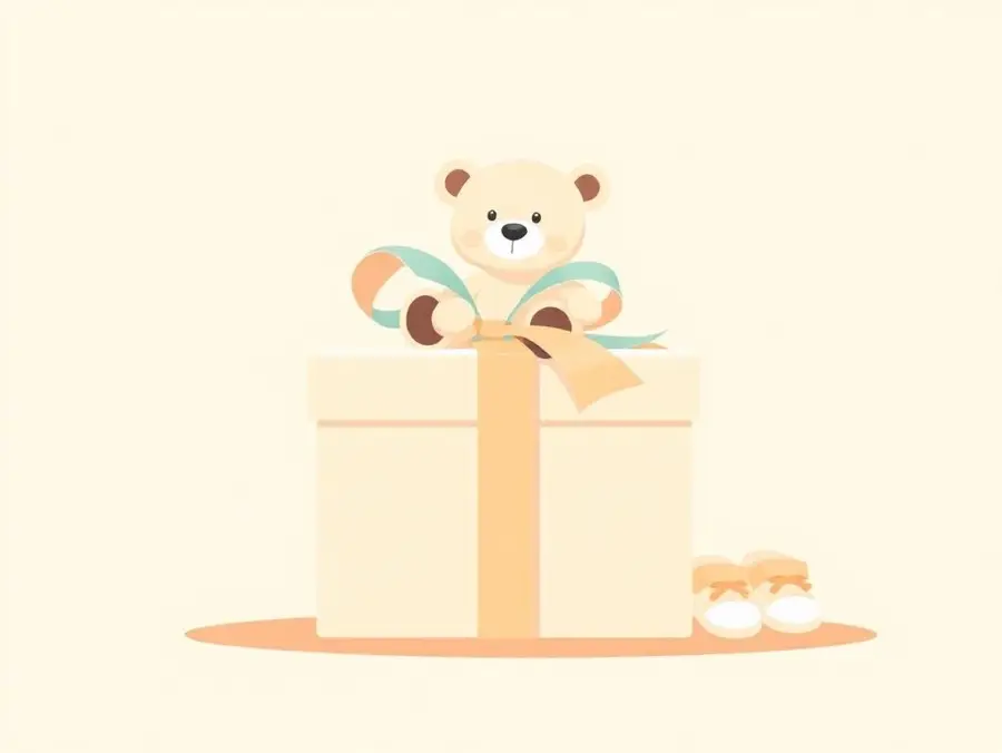 Illustration of a pastel baby gift box with a teddy bear and a ribbon