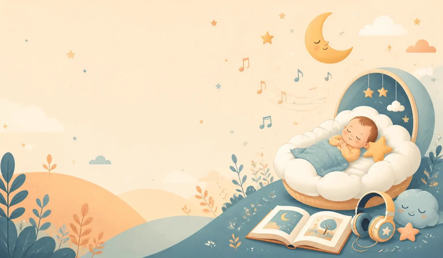 Illustration of a sleeping baby in a cloud cradle with a crescent moon, music notes, a storybook and headphones