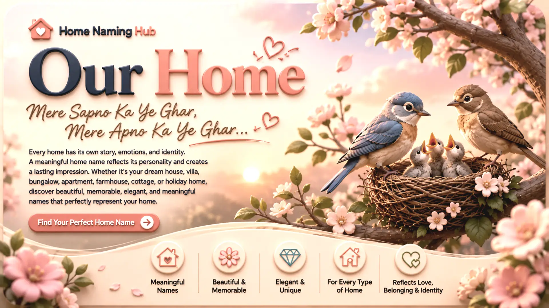 Our Home — Mere Sapno Ka Ye Ghar, Mere Apno Ka Ye Ghar. Find beautiful, meaningful names for your home.