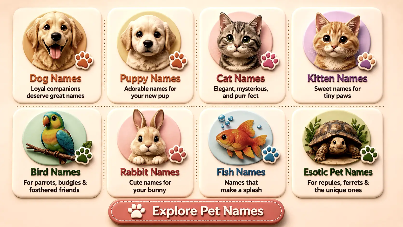 Dog, Puppy, Cat, Kitten, Bird, Rabbit, Fish and Exotic pet names