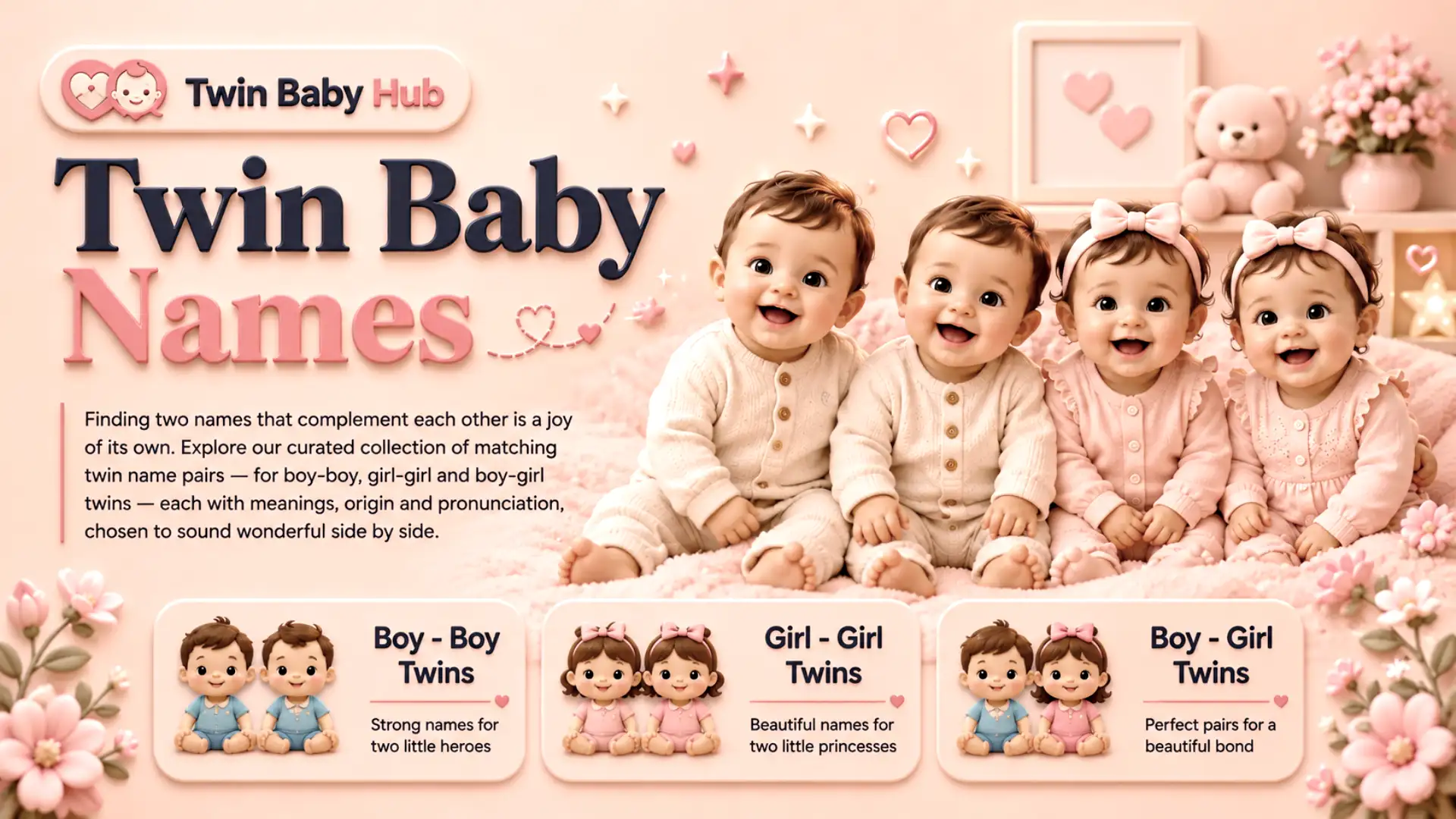 Twin Baby Names — matching twin name pairs for boy-boy, girl-girl and boy-girl twins, each with meanings, origin and pronunciation.